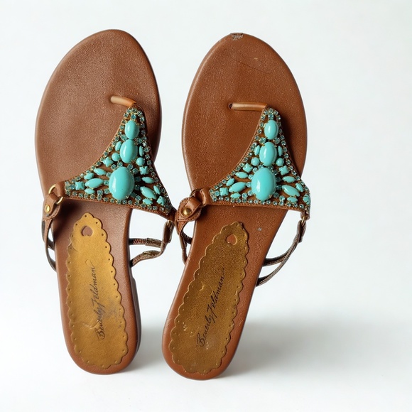 Beverly Feldman Turquoise Beaded Brown Sandal Flats Size 8.5 - Picture 1 of 3